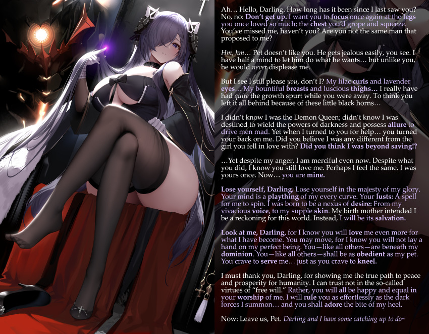 absurdres an_yasuri ass august_von_parseval_(azur_lane) azur_lane bare_shoulders barefoot bragging breasts caption crossed_legs demon demon_girl dialogue enemy_conversion english_text feet femdom gloves glowing hair_covering_one_eye hair_ornament hand_on_hip high_heels horns huge_breasts hypnotic_magic jaaysiin_(manipper) large_hips long_hair looking_at_viewer magic male_pov manip necklace open_mouth pov pov_sub purple_eyes purple_hair sitting smile text thick_thighs thighhighs thighs underboob undressing very_long_hair
