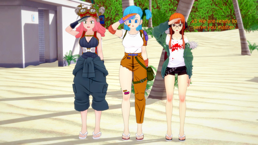 3d absurdres bangs bare_legs beach blue_hair bulma_briefs clothed collarbone dialogue dragon_ball empty_eyes expressionless female_only femsub futaba_sakura glasses goggles goggles_on_head headphones jacket koikatsu! long_hair mei_hatsume multiple_girls multiple_subs my_hero_academia open_mouth orange_hair outdoors pants persona_(series) persona_5 pink_hair saluting sandals shadow1333 shirt short_hair short_shorts shorts side_ponytail standing standing_at_attention tank_top text torn_clothes