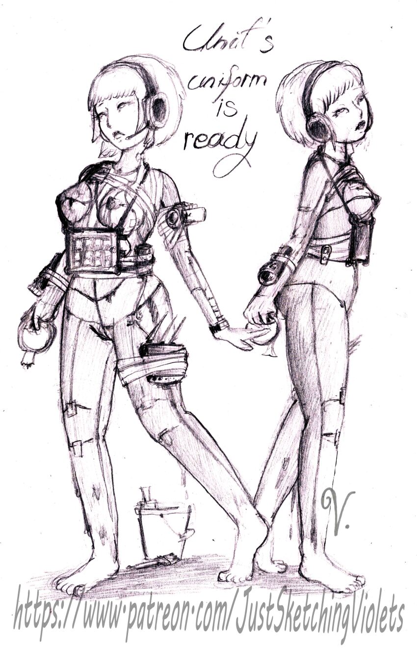 absurdres breasts expressionless female_only femsub justsketchingviolets large_breasts open_mouth robot robotization short_hair sketch text traditional