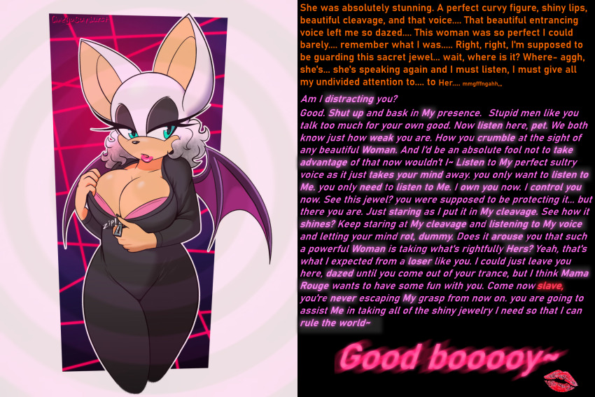 bat_girl bat_wings breasts caption cleavage femdom furry hypnotic_breasts ladylacie13_(manipper) large_breasts male_pov manip omegasunburst pov pov_sub rouge_the_bat sonic_the_hedgehog_(series) spiral text