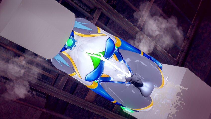 3d bare_shoulders blue_hair breasts breath bullet_men cum elekshar_(c_usui) futanari futasub gloves grey_skin helmet koikatsu! large_breasts moawi1 opera_gloves original pussy_juice restrained