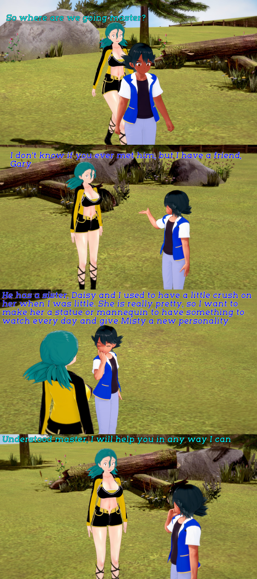 absurdres ash_ketchum black_hair brown_eyes clothed dialogue english_text femsub green_hair horokeu maledom nintendo officer_jenny pokemon pokemon_(anime) short_hair shrunken_irises text