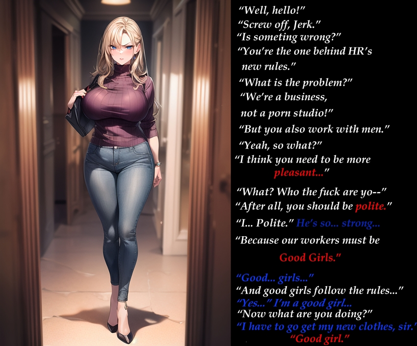 absurdres ai_art angry blonde_hair blue_eyes caption caption_only dialogue female_only femsub gregory_michelson_(generator) high_heels jeans long_hair looking_at_viewer male_pov manip original pov sexism solo standing sweater tagme text wrist_watch