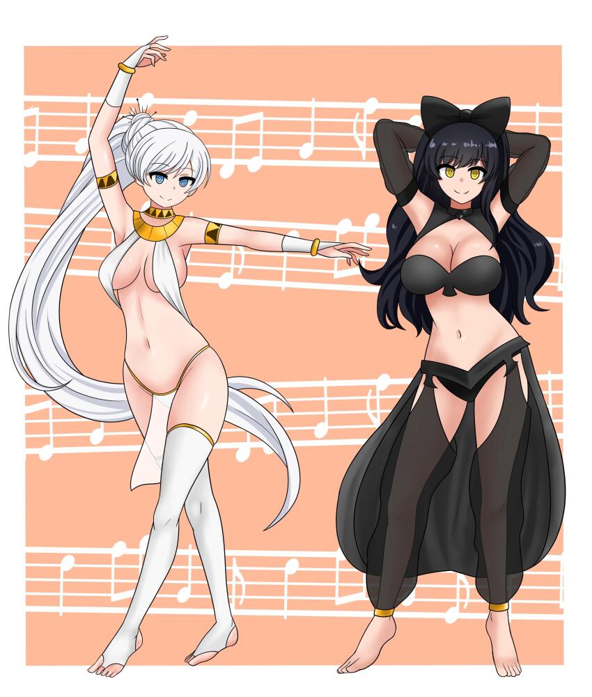 absurdres barefoot black_hair blake_belladonna bow breasts dancing female_only femsub happy_trance harem_outfit hypnotic_audio hypnotic_music large_breasts long_hair navel ponytail rwby smile spiral_eyes symbol_in_eyes the_only_shoe weiss_schnee white_hair