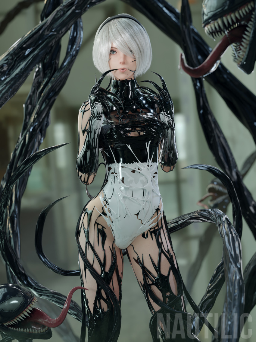3d alien bare_shoulders blue_eyes crossover female_only femsub gloves hair_covering_one_eye headdress latex leotard living_costume long_nails looking_at_viewer marvel_comics nautilic nier_automata parasite rubber short_hair spider-man_(series) standing symbiote thighhighs venom_(marvel) watermark white_hair yorha_no._2_type_b