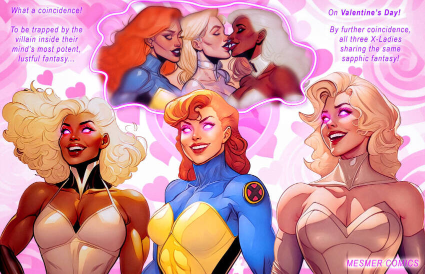 ai_art blonde_hair bodysuit breasts choker closed_eyes collarbone dark_skin dream emma_frost female_only femsub glowing_eyes happy_trance heart jean_grey large_breasts lipstick long_hair marvel_comics mesmercomics multiple_girls multiple_subs open_mouth pink_background pink_eyes red_hair red_lipstick sexuality_change smile spiral storm text thought_bubble valentine's_day white_hair x-men yuri