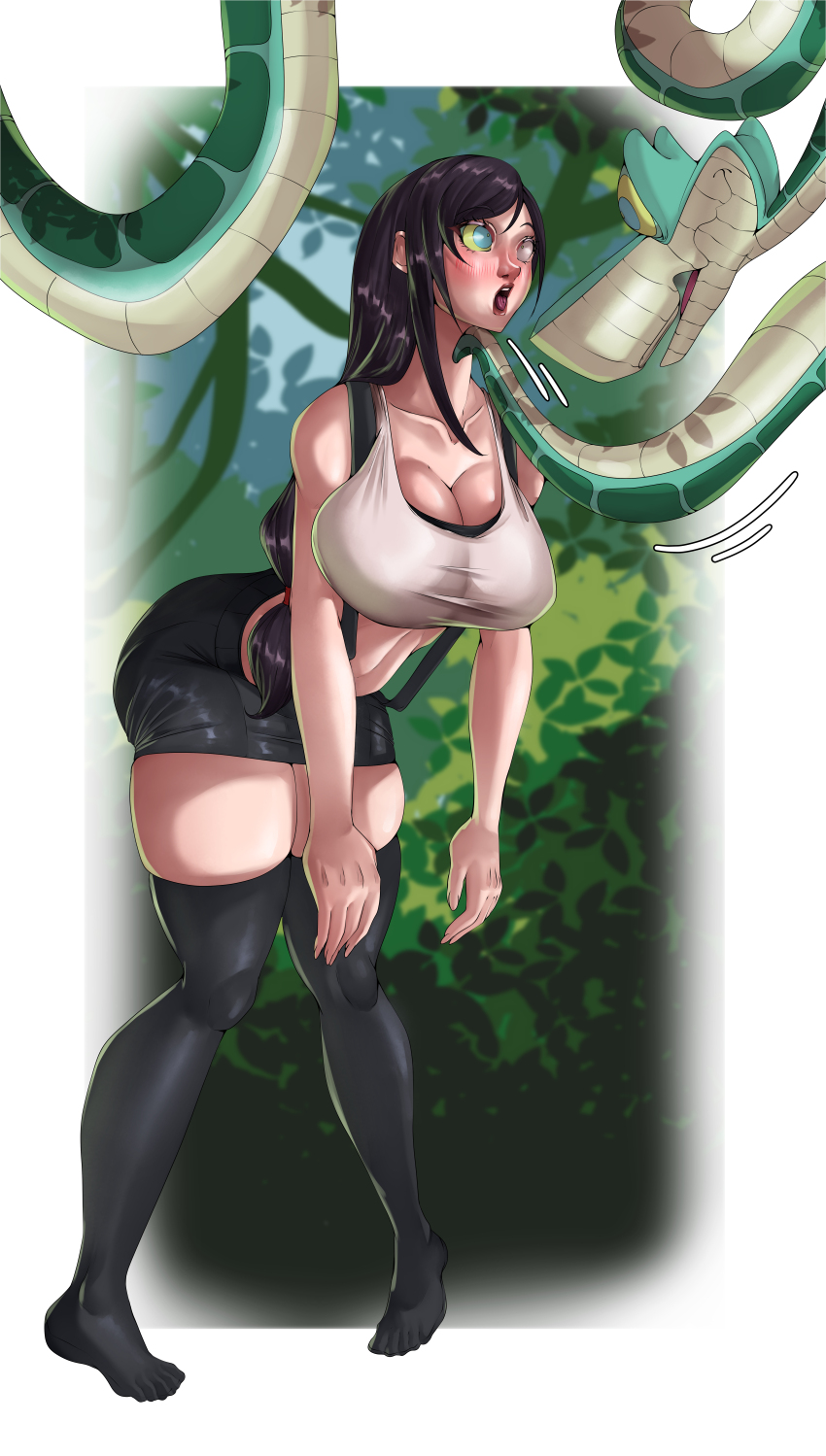 absurdres barefoot bent_over black_hair blush breasts chin_hold cleavage collarbone crop_top disney feet femsub final_fantasy final_fantasy_vii hypnotic_eyes jungle kaa kaa_eyes large_breasts leaning_forward limp long_hair navel open_mouth outdoors skirt snake square_enix tank_top the_jungle_book thighhighs tifa_lockhart tomo86