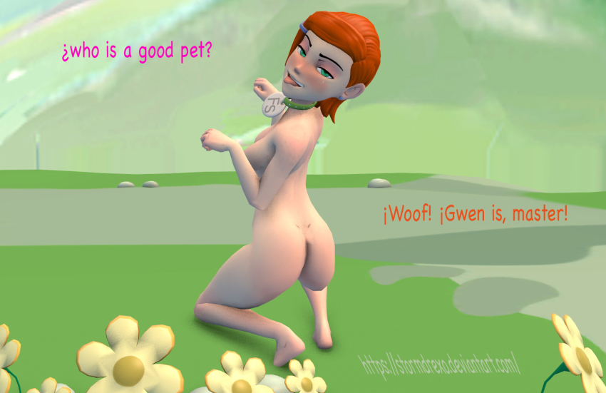 3d ben_10 bottomless breasts collar female_only femsub gwen_tennyson happy_trance nude pet_play smile supercasket topless