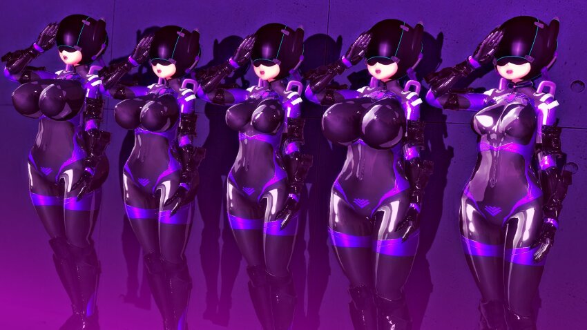 3d ahoge bodysuit boots custom_maid_3d_2 drone erect_nipples erect_nipples_under_clothes esther_r18 expressionless female_only femsub gene_(pso2) gloves helmet huge_breasts large_breasts latex matoi_(phantasy_star) microchip multiple_girls multiple_subs open_mouth original phantasy_star_(series) phantasy_star_online_2 quna_(phantasy_star) rubber saluting small_breasts smile standing standing_at_attention tech_control thick_thighs tight_clothing tubes twintails uchinoko_esther_(esther_r18) white_hair wires
