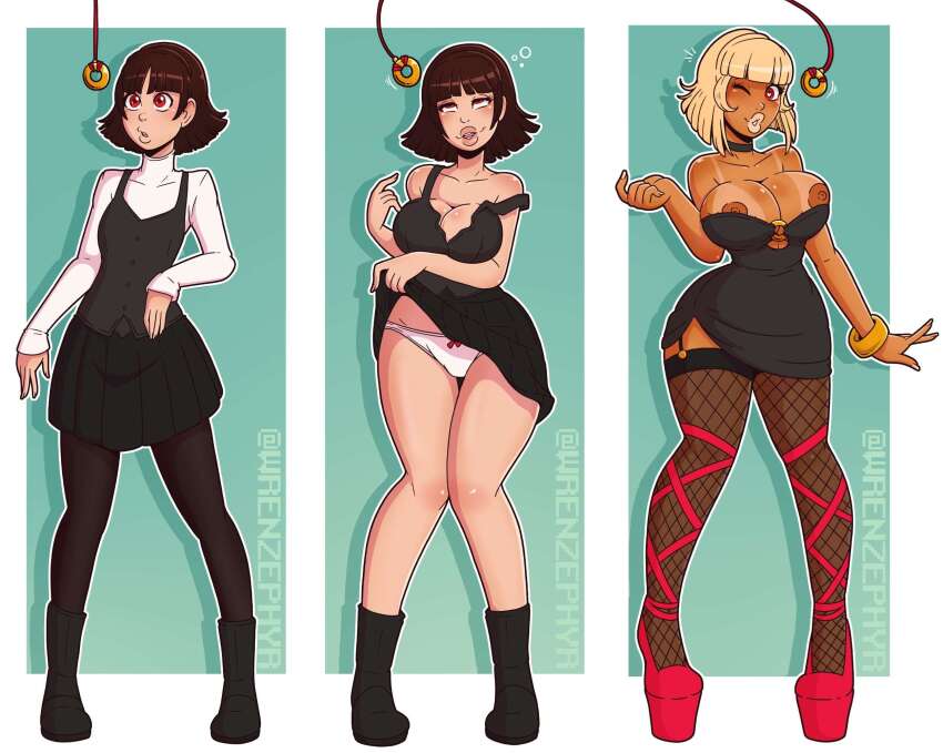 absurdres ass before_and_after bimbofication black_hair blonde_hair breast_expansion breasts brown_hair cleavage dark_skin dress dress_lift eye_roll fishnets heart_eyes large_ass large_breasts large_hips large_lips lip_expansion makoto_niijima pendulum persona_(series) persona_5 red_eyes symbol_in_eyes thick_thighs thighhighs wink wrenzephyr2