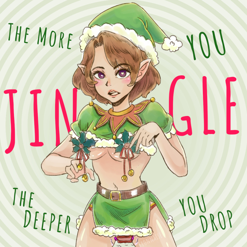 belted_skirt blush breasts brown_hair christmas clothed_exposure elf elf_ears eronaise69 female_only femsub hat heart heart_eyes holly looking_at_viewer midriff open_mouth original panties santa_hat sex_toy short_hair skirt spiral symbol_in_eyes text trigger underwear vibrator