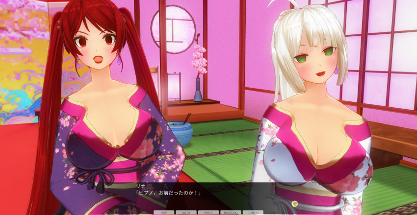 3d blush breasts dialogue female_only green_eyes japanese_clothing kamen_writer_mc kimono large_breasts lipstick mc_trap_town multiple_girls ponytail red_eyes red_hair red_lipstick rina_(mc_trap_town) screenshot text translated twintails white_hair