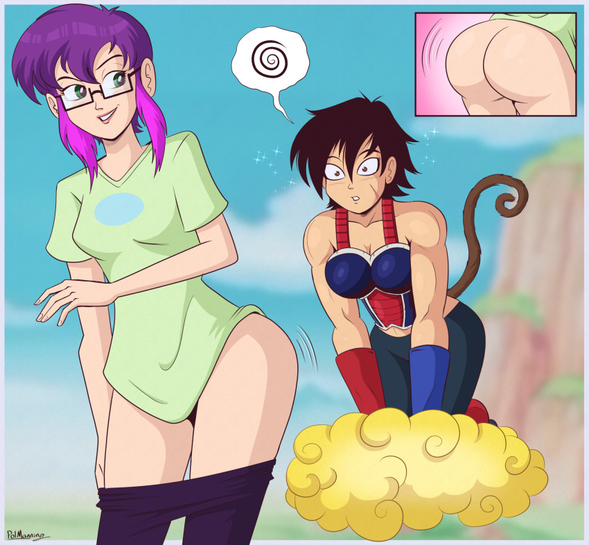 all_fours ass black_hair bottomless breasts brown_eyes cleavage clothed dragon_ball expressionless female_only femdom femsub floating gemna_(mezz+pokemongirl) green_eyes hypnotic_ass kneeling leaning_forward multiple_girls multiple_views muscle_girl original outdoors pants polmanning purple_hair scar shirt short_hair shrunken_irises smile spade_(jimlogan54) sparkle speech_bubble standing tail unaware undressing