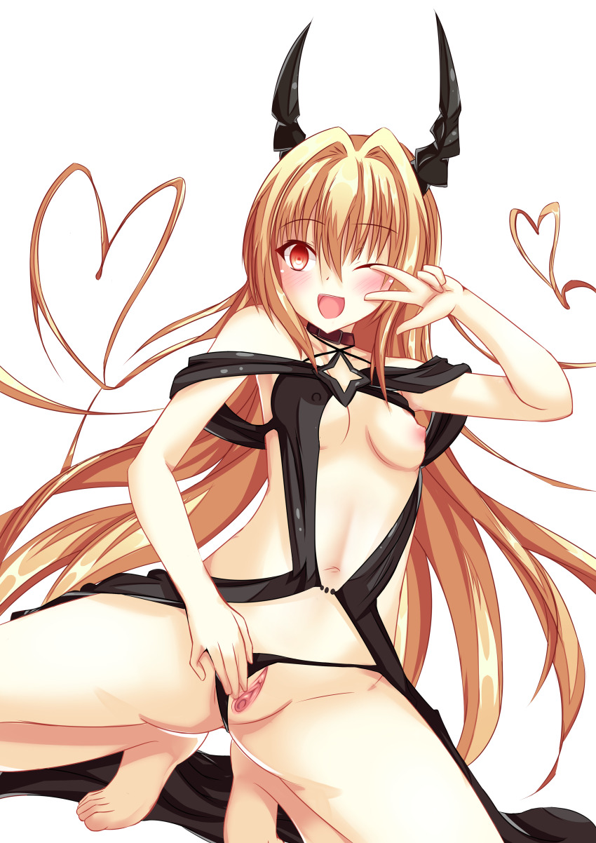 absurdres blonde_hair blush breasts empty_eyes erect_nipples female_only femsub glowing glowing_eyes golden_darkness happy_trance long_hair looking_at_viewer open_mouth red_eyes solo to_love_ru to_love_ru_darkness v vahn_yourdoom yakai