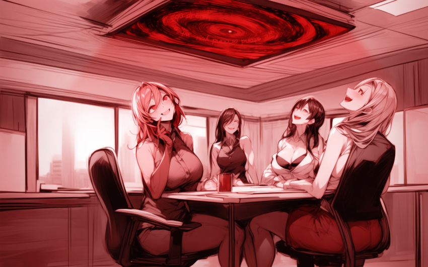 ai_art chair cleavage control english_text female_only femsub hypnosisisgreat_(manipper) large_breasts laughing monochrome multiple_girls multiple_subs office_lady red_background smile spiral stable_diffusion_(ai) text