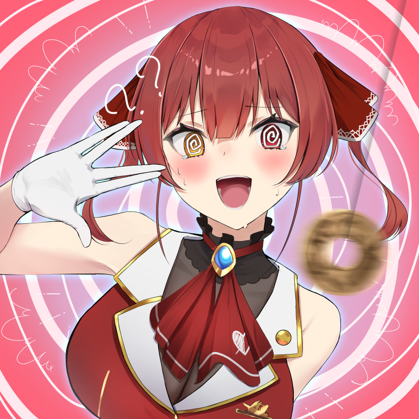 absurdres bangs blush breasts coin confused female_only femsub gloves heterochromia hololive large_breasts marine_houshou open_mouth pendulum red_eyes red_hair ribbon short_hair simple_background smile solo spiral_background spiral_eyes straight-cut_bangs sweat symbol_in_eyes tank_top tears tsumugi_noshizuno twintails virtual_youtuber yellow_eyes