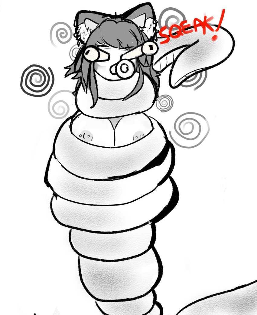 animal_ears breasts cleavage coils female_only femsub greyscale humor large_breasts long_hair monochrome nipple_piercing nipples original piercing restrained simple_background sketch snake solo soooaudrey spiral tagme topless white_background