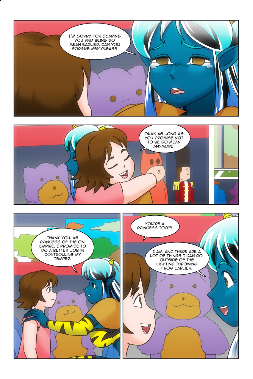 absurdres alien_girl blue_skin border brown_eyes comic dialogue elf_ears empty_eyes english_text female_only green_hair happy_trance hug large_breasts long_hair lum midriff multicolored_hair multiple_girls oni_girl original short_hair smile speech_bubble story tears text urusei_yatsura wadevezecha wholesome