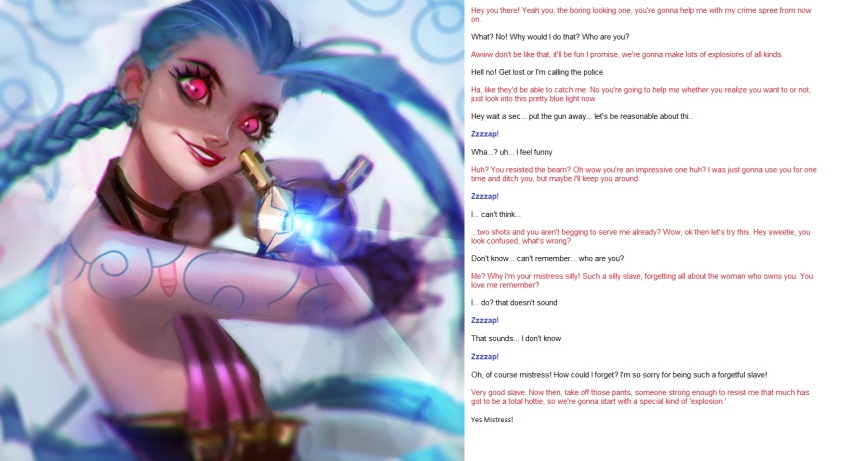 blue_hair braid caption caption_only female_only femdom hypnoslave1095_(manipper) jinx_(lol) league_of_legends long_hair looking_at_viewer manip medders pale_skin pink_eyes pov pov_sub resisting tattoo tech_control text twin_braids