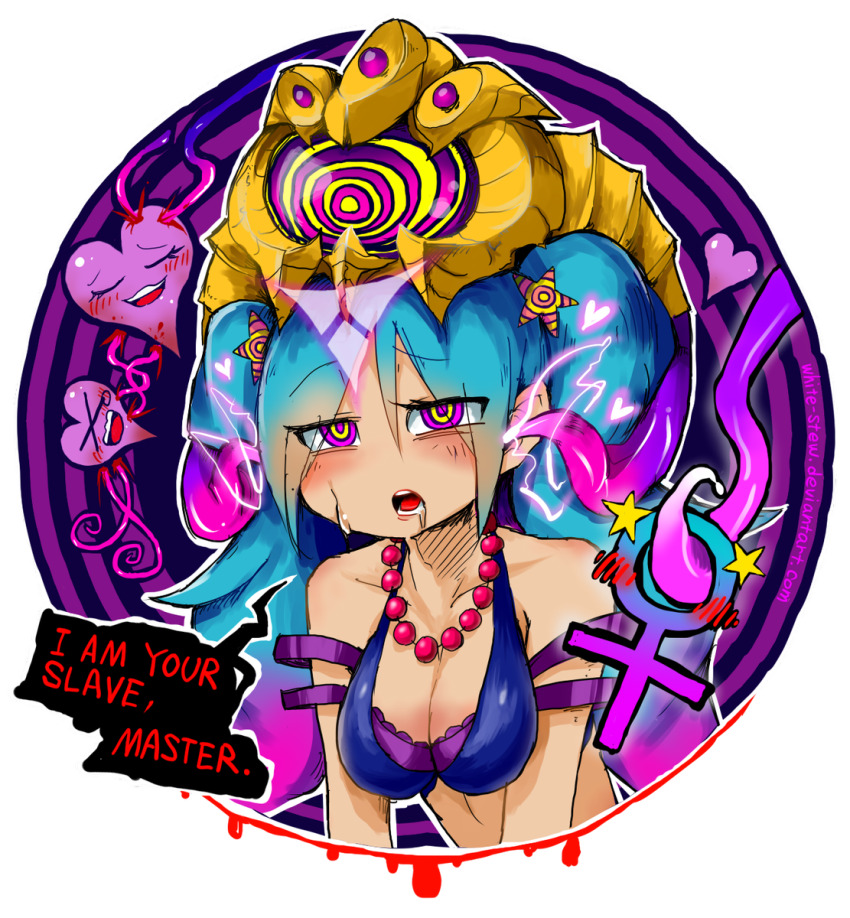 alternate_costume alternate_hairstyle blue_hair blush brain_injection breasts cleavage dazed drool expressionless female_only femsub heart large_breasts league_of_legends long_hair multicolored_hair open_mouth parasite ring_eyes solo sona tentacles text twintails vel'koz white_stew