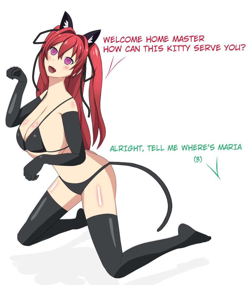 absurdres breasts cat_ears dialogue empty_eyes fake_animal_ears fake_tail fangs femsub gloves happy_trance large_breasts mio_naruse opera_gloves pink_eyes red_hair soex text the_testament_of_sister_new_devil thighhighs twintails