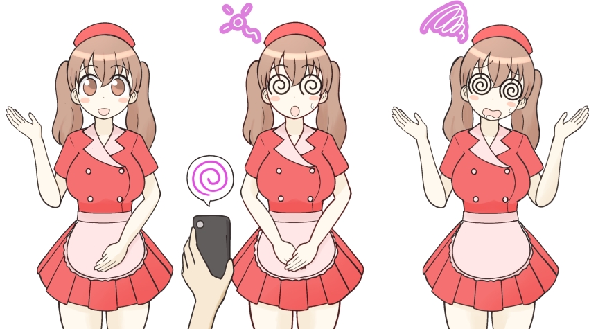 bangs before_and_after blush breasts brown_eyes brown_hair confused dazed dress drool eyelashes femsub hat hypnotic_screen large_breasts long_hair open_mouth original phone pov pov_dom simple_background smile spiral spiralwash_eyes tech_control thighs tn twintails unhappy_trance uniform white_background