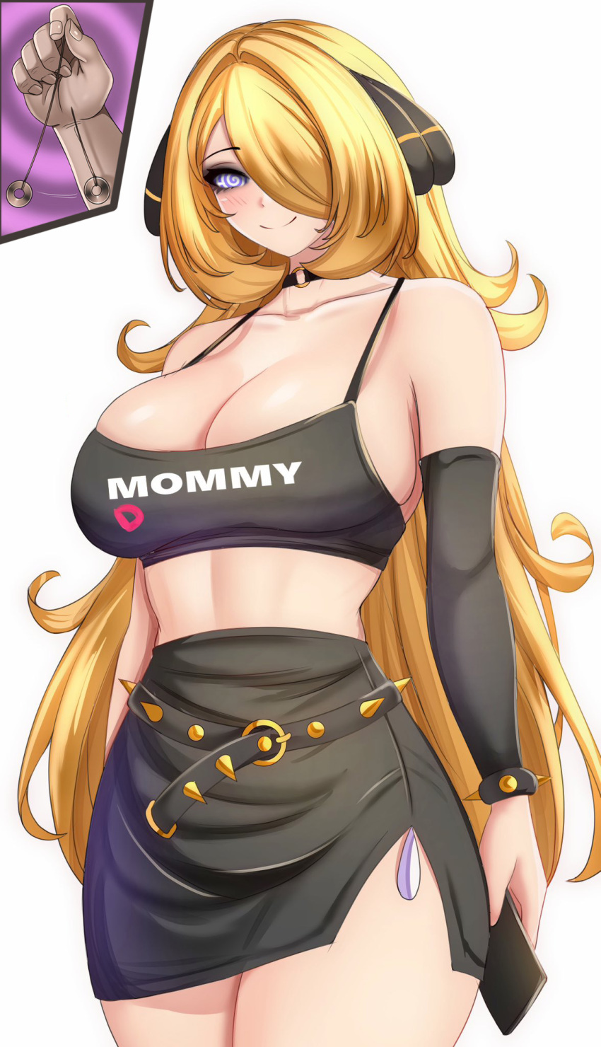anisdrawn belted_skirt blonde_hair blush breasts choker coin cynthia exposed_chest female_only femsub glowing glowing_eyes goth happy_trance huge_breasts large_hips long_hair looking_at_viewer manip milf misterman4_(manipper) mommy nintendo pendulum pokemon skirt smile spiral_eyes symbol_in_eyes tagme text wide_hips