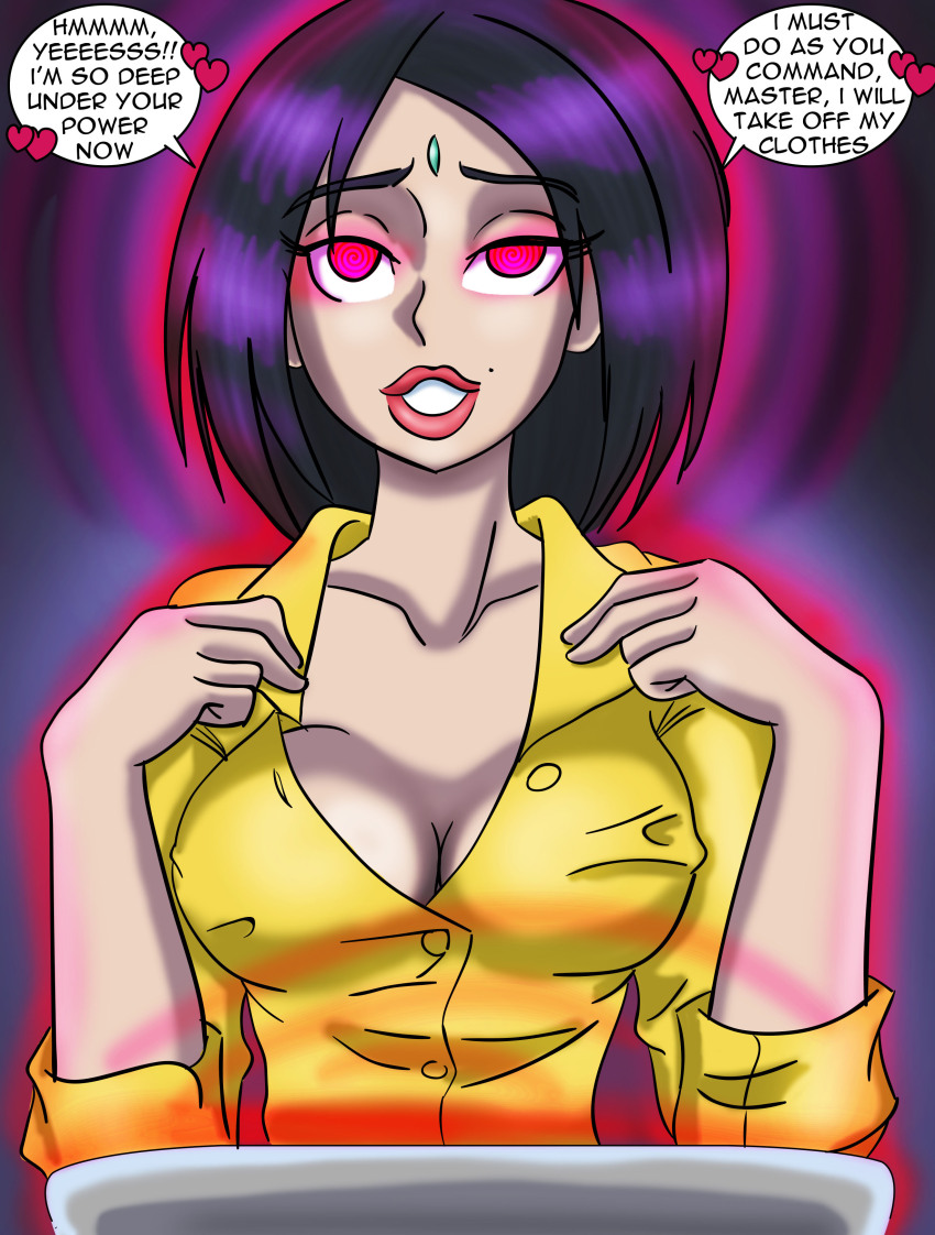 absurdres black_hair breasts cleavage collarbone cowboy_bebop faye_valentine femsub heart looking_at_viewer mole pink_eyes pov pov_dom spiral_eyes symbol_in_eyes tech_control text undressing undressing_command zorro-zero