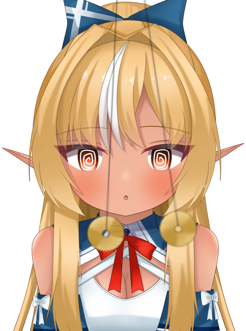 blonde_hair elf_ears expressionless female_only femsub flare_shiranui hololive long_hair non_non427 pendulum red_eyes simple_background solo spiral_eyes symbol_in_eyes white_background