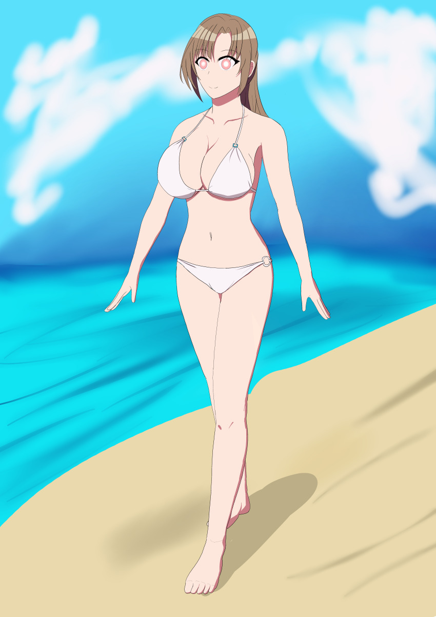absurdres barefoot bikini bra breasts brown_hair do_you_love_your_mom_and_her_two_hit_multitarget_attacks female_only femsub happy_trance large_breasts mamako_osuki midriff milf navel pink_eyes shrunken_irises smile soex solo swimsuit tagme underwear