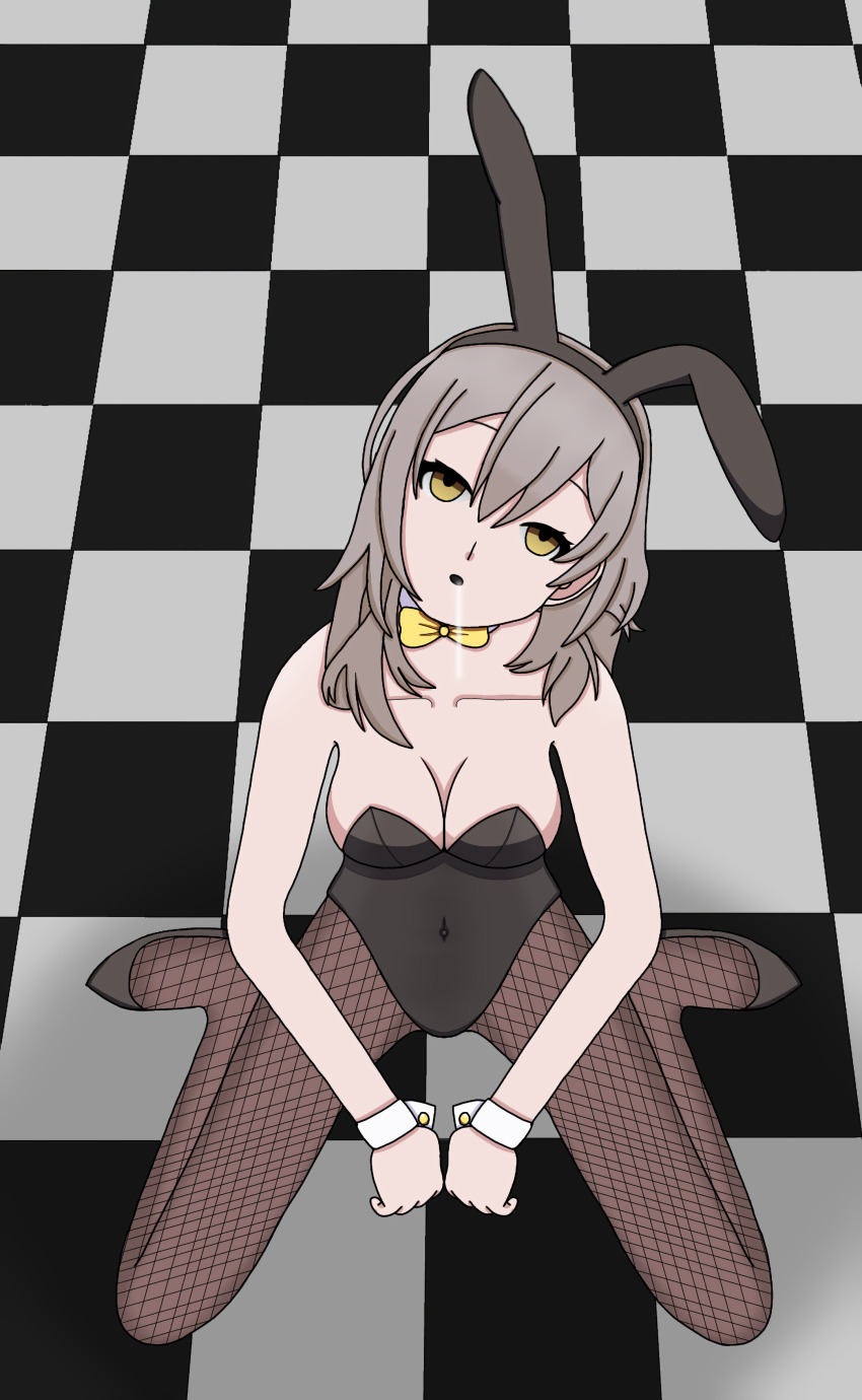 absurdres bow_tie breasts bunny_ears bunny_girl bunnysuit cleavage clothed collarbone cuffs dazed drool empty_eyes esbypno fake_animal_ears female_only femsub fishnets green_hair heavy_eyelids honkai_star_rail kneeling looking_at_viewer open_mouth pantyhose solo stelle_(honkai_star_rail) yellow_eyes