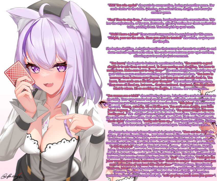 absurdres ahoge animal_ears beret blush breasts caption card cat_ears chntiixx_(manipper) cleavage femdom hololive hypnotic_breasts hypnotic_voice kaju_paint large_breasts looking_at_viewer manip nekomata_okayu open_mouth pov pov_sub purple_eyes purple_hair text unaware