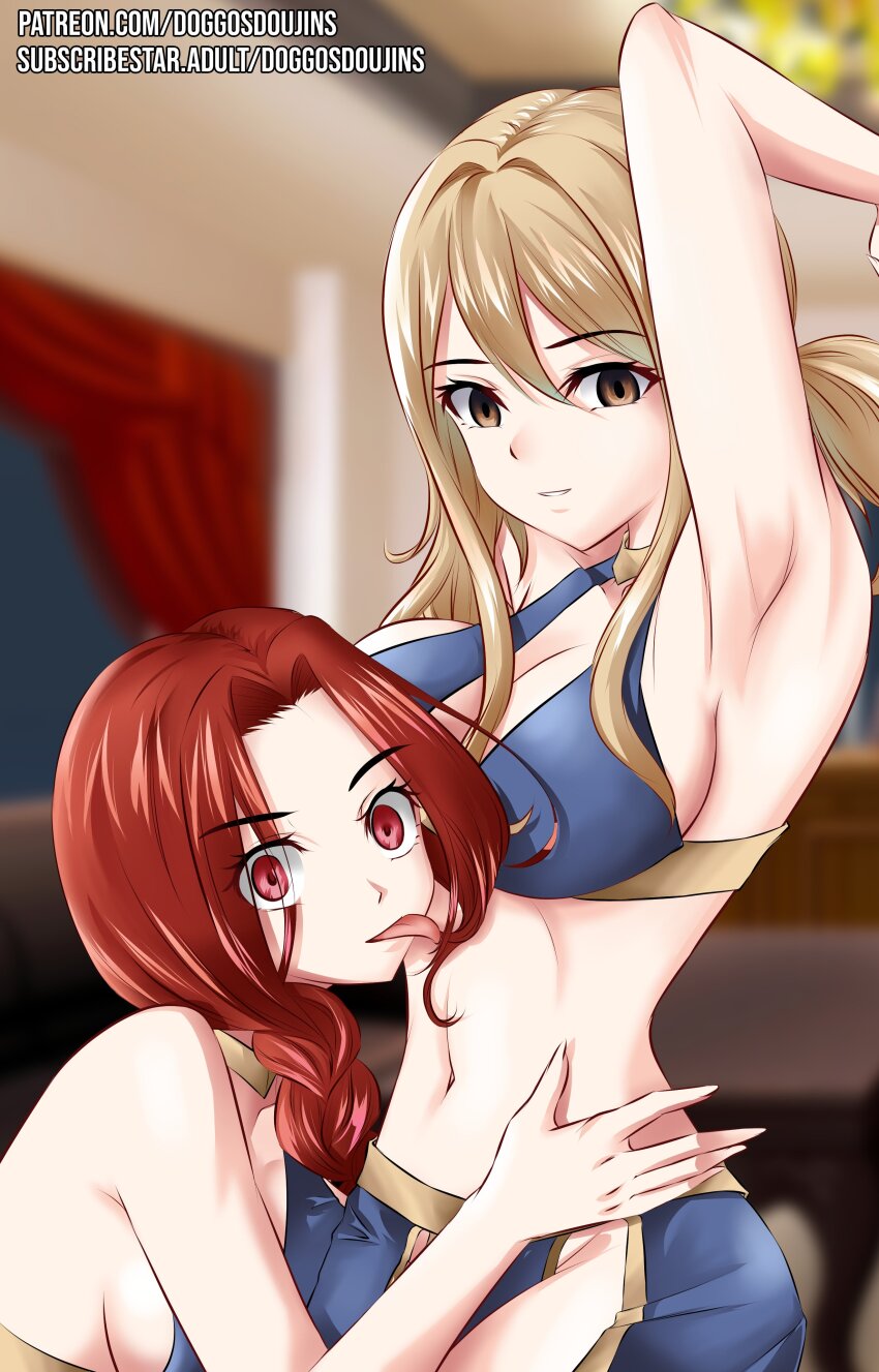 absurdres armpits arms_above_head blonde_hair braid breasts brown_eyes cleavage doggos_doujins empty_eyes fairy_tail female_only femsub flare_corona licking long_hair lucy_heartfilia midriff multiple_girls multiple_subs navel red_eyes red_hair smile tongue tongue_out