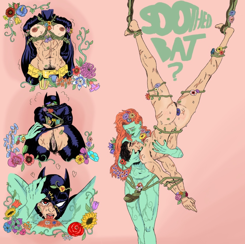 absurdres ass bare_legs bare_shoulders barefoot batgirl batman_(series) black_hair blush bondage bottomless cassandra_cain clothed_exposure corruption cunnilingus dc_comics english_text female_only femdom femsub flower flower_in_hair from_behind green_lipstick green_skin hand_on_another's_cheek hand_on_head hanging_down heart heart_eyes legs lipstick_mark love multiple_views nude orange_hair petrichor-night-walk pheromones plant plant_girl poison_ivy pov pov_dom pubic_hair restrained scars simple_background strap-on super_hero symbol symbol_in_eyes text topless torn_clothes trembling unusual_pupils vines yuri