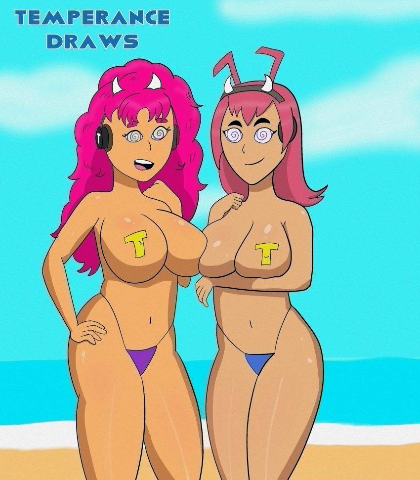 alien alien_girl beach bikini_bottom breasts dc_comics female_only femsub green_eyes hand_on_hip happy_trance headphones holding_breasts kole long_hair looking_at_viewer multiple_girls multiple_subs pasties pink_hair short_hair smile spiral_eyes starfire tech_control teen_titans temperancedraws topless