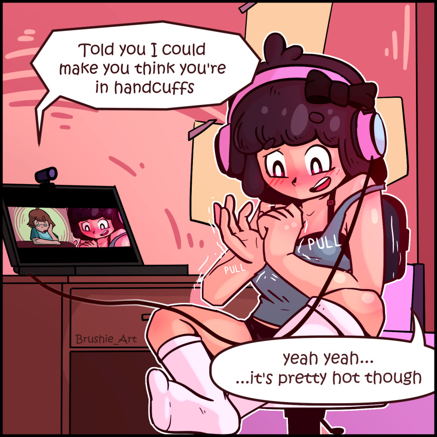 aware black_hair blush body_control brushie_art caption comic computer consensual femsub handcuffs happy_trance headphones maledom parker_(brushie_art) penny_(brushie_art) restrained smile text