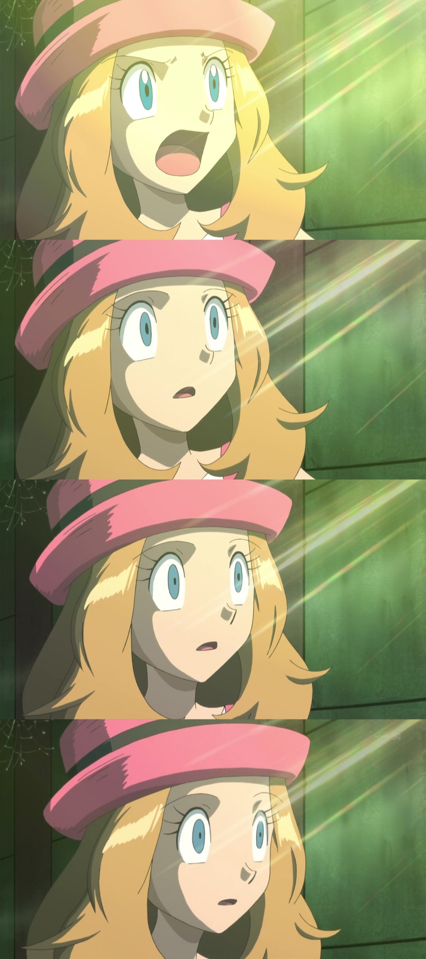 absurdres before_and_after blonde_hair clothed comic empty_eyes expressionless female_only femsub hat nintendo open_mouth pokemon pokemon_(anime) pokemon_x_and_y screenshot serena solo