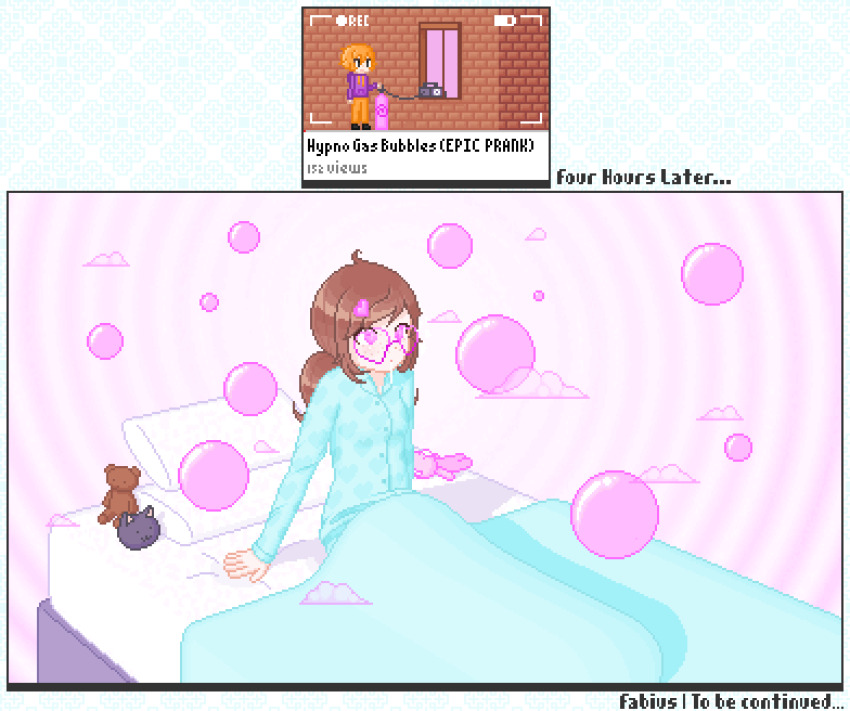 animated animated_gif autumn_(fabius) bed bedroom black_eyes blush breasts brown_hair bubble comic crossed_eyes drool fabius female_only femdom femsub glasses heart hoodie hypnotic_gas long_hair open_mouth orange_hair original pajamas pillow pink_eyes pixel_art rosie_(fabius) short_hair spiral spiral_background stuffed_animal text twintails wholesome