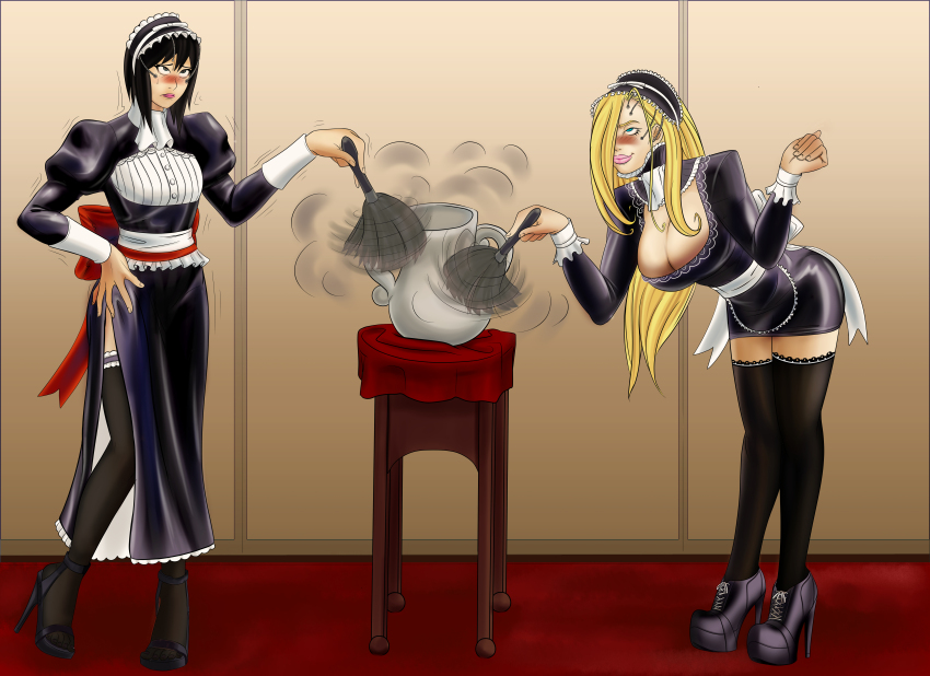 absurdres black_hair blonde_hair blush body_control boogars breasts cleavage empty_eyes eye_roll feather_duster femsub fullmetal_alchemist high_heels hypnotic_accessory large_breasts long_hair maid naruto_(series) olivier_mira_armstrong shizune short_hair sketch tech_control thighhighs traditional unhappy_trance