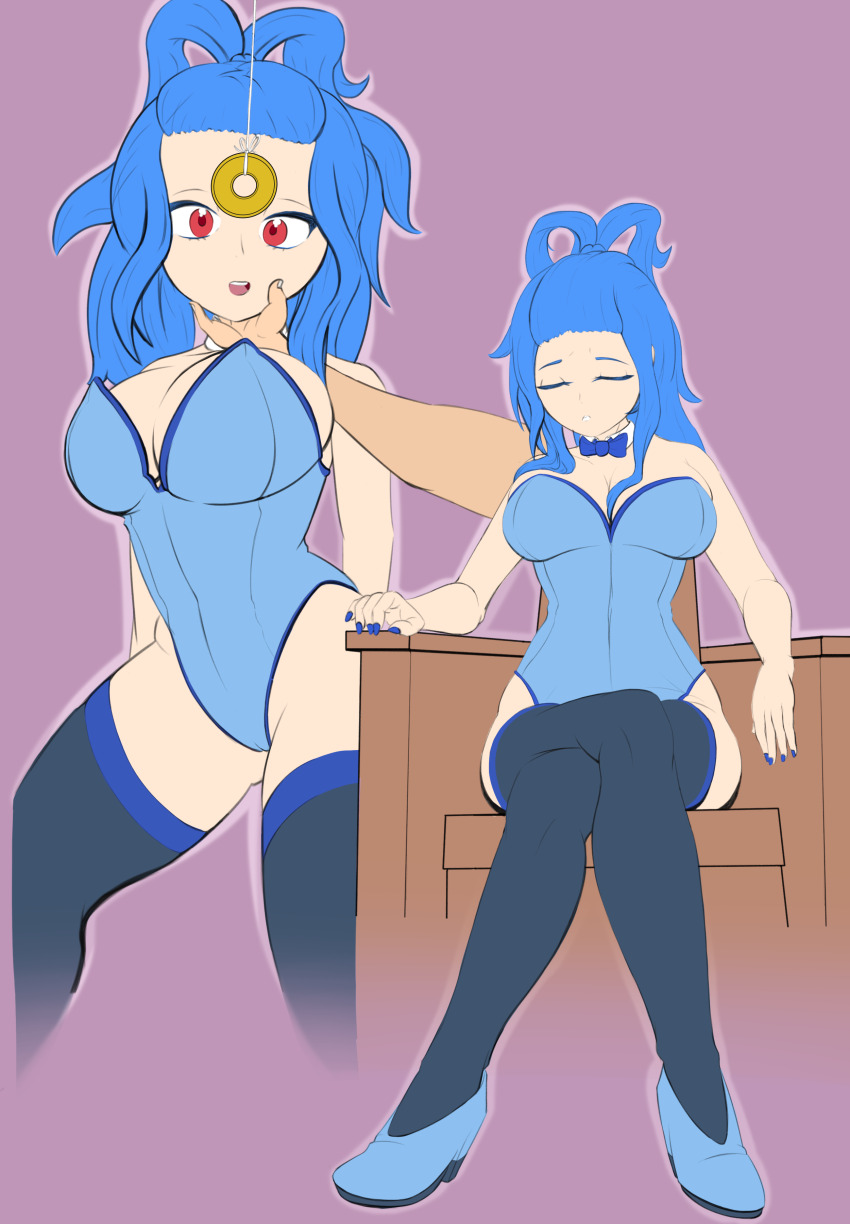absurdres blue_hair bow_tie breasts bunnysuit bzurrrf chin_hold cleavage coin female_only femsub hand_on_head happy_trance high_heels lapis_(lapislazuliart) large_breasts leotard long_hair original pendulum ponytail red_eyes thighhighs