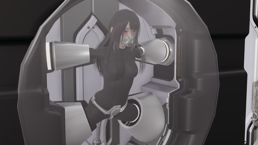 3d black_eyes black_hair bodysuit corruption empty_eyes erect_nipples_under_clothes face_mask female_only femsub honey_select_2 large_breasts restrained rubber sex_machine solo spread_legs stasis_tank tech_control usir vaginal