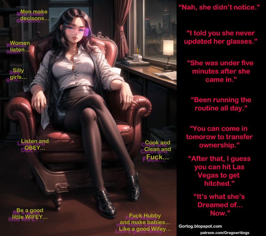 ai_art artist_request black_hair breasts caption domestication expressionless femsub gregory_michelson_(generator) legs maledom manip mind_hack office_lady pantyhose sexism text