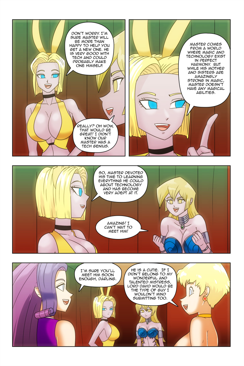 alexis_rhodes android_18 arm_bands bare_shoulders blonde_hair blue_eyes brown_eyes bunnysuit cleavage collar comic dragon_ball dragon_ball_z earrings empty_eyes equestria_girls erasa femsub harem_outfit large_breasts long_hair my_little_pony necklace purple_hair rarity short_hair smile symbol_in_eyes text wadevezecha yu-gi-oh! yu-gi-oh!_gx