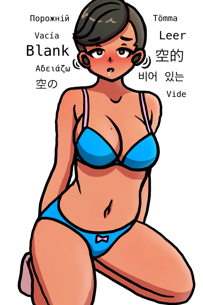 absurdres bikini blush breasts brown_hair chinese_text cleavage drool earbuds english_text female_only femsub french_text german_text greek_text httpwwwcom hypnotic_audio japanese_text kneeling korean_text large_breasts mole navel original russian_text short_hair simple_background sketch socks solo spanish spanish_text swedish_text tech_control text