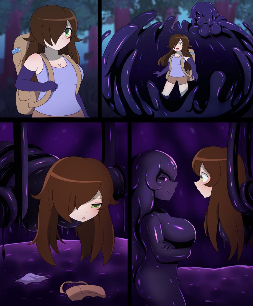 black_sclera brown_hair cleavage femdom femsub green_eyes hair_covering_one_eye lazzysin long_hair original purple_eyes slime