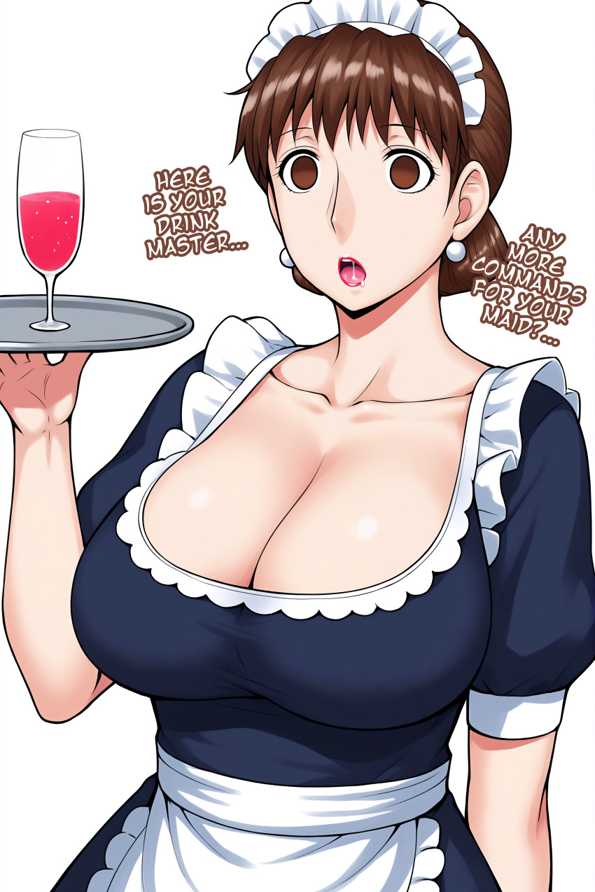 ai_art apron brown_eyes brown_hair cleavage collarbone dress drool earrings empty_eyes expressionless female_only femsub huge_breasts maid maid_headdress maledom manip milf minimimic_(generator) minimimic_(manipper) mom_(jinsuke) mom_is_my_doll open_mouth short_hair simple_background stable_diffusion_(ai) text white_background