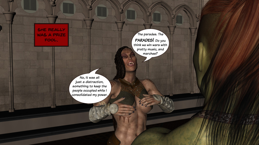 3d abs absurdres breasts brown_hair comic dialogue dreadlocks female_only green_skin large_breasts long_hair muscle_girl orc orc_girl red_hair text the_mad_prince