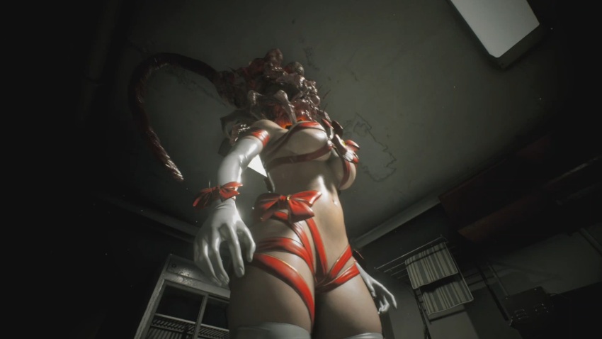 3d bare_shoulders breasts capcom christmas clothed_exposure dead_source exposed_chest female_only femsub gloves jill_valentine large_breasts navel nemesis_alpha nightmare_fuel opera_gloves parasite rermodv resident_evil resident_evil_3_remake ribbon screenshot solo standing tentacles thigh_boots thighhighs video_game vore