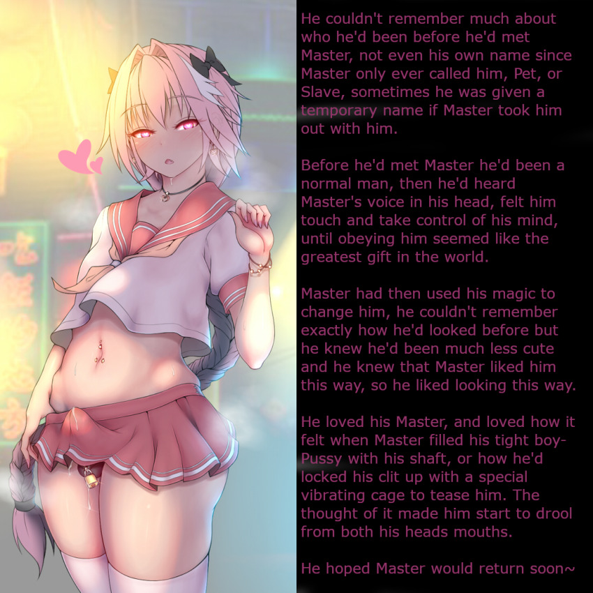 androgynous astolfo_(fate/grand_order) blush braid bulge caption crossdressing cum_in_clothing drool earrings erection erection_under_clothes fate/grand_order fate_(series) femboy happy_trance heart heart_eyes jewelry long_hair male_only malesub manip midriff navel_piercing necklace ni_crying open_mouth penis pink_hair school_uniform skirt solo symbol_in_eyes tagme text thighhighs trap twintails yaoi