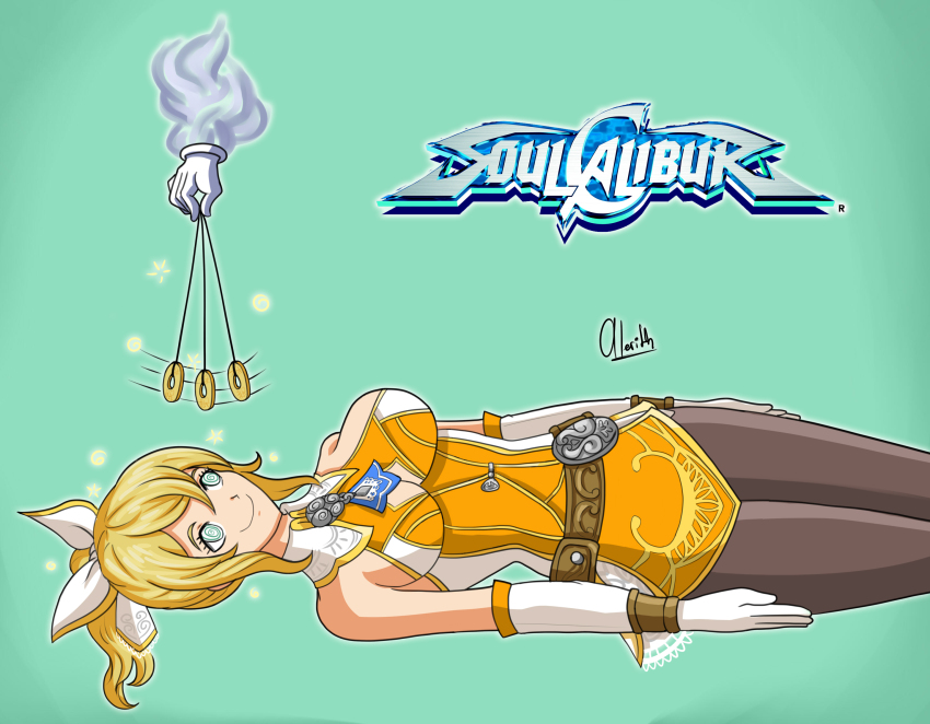 alerith bare_shoulders blonde_hair blue_eyes cassandra_alexandra catalepsy clothed coin female_only femsub floating gloves hair_ornament happy_trance large_breasts lying on_back pantyhose pendulum phantom_hand ponytail ribbon short_hair signature simple_background smile solo soul_calibur_(series) spiral_eyes symbol_in_eyes